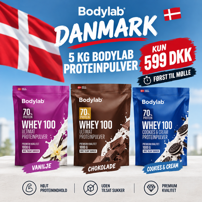 Bodylab Whey 100 protein pulver tilbud (5 kg - 599 kr) først til mølle kg pris KUN 119 KR (du modtager 5 poser af 1kg)